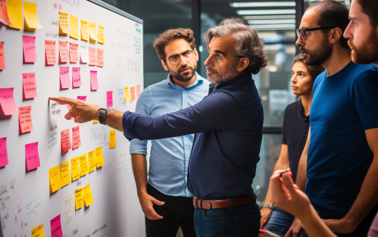 Grupo de personas en una reunión de trabajo colaborativa frente a una pizarra llena de notas adhesivas. Un hombre mayor con cabello canoso señala una idea, mientras el equipo lo escucha con atención. Escena de brainstorming en una oficina moderna