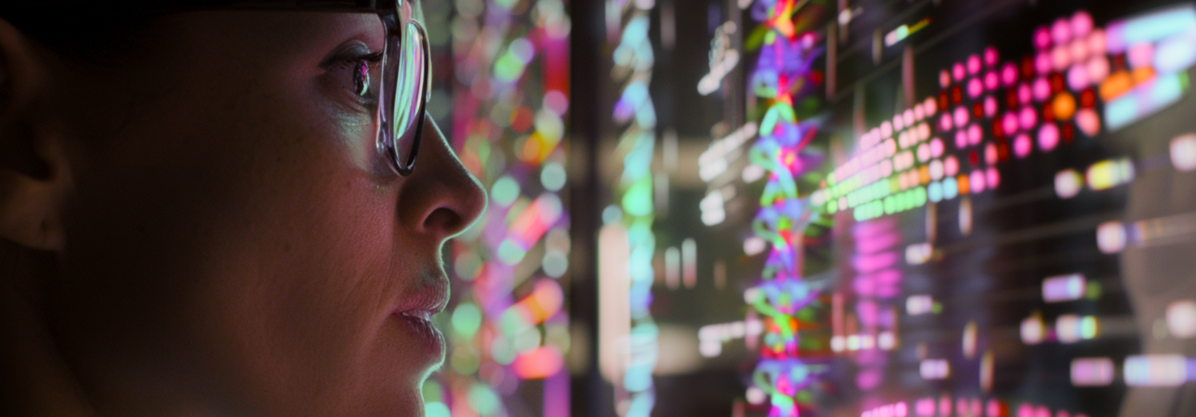 Primer plano de una mujer con gafas observando una pantalla llena de datos y gráficos coloridos. Reflejos de luces de visualización de datos se ven en sus lentes, sugiriendo el análisis de información digital o inteligencia artificial. Escena tecnológica en un entorno digital